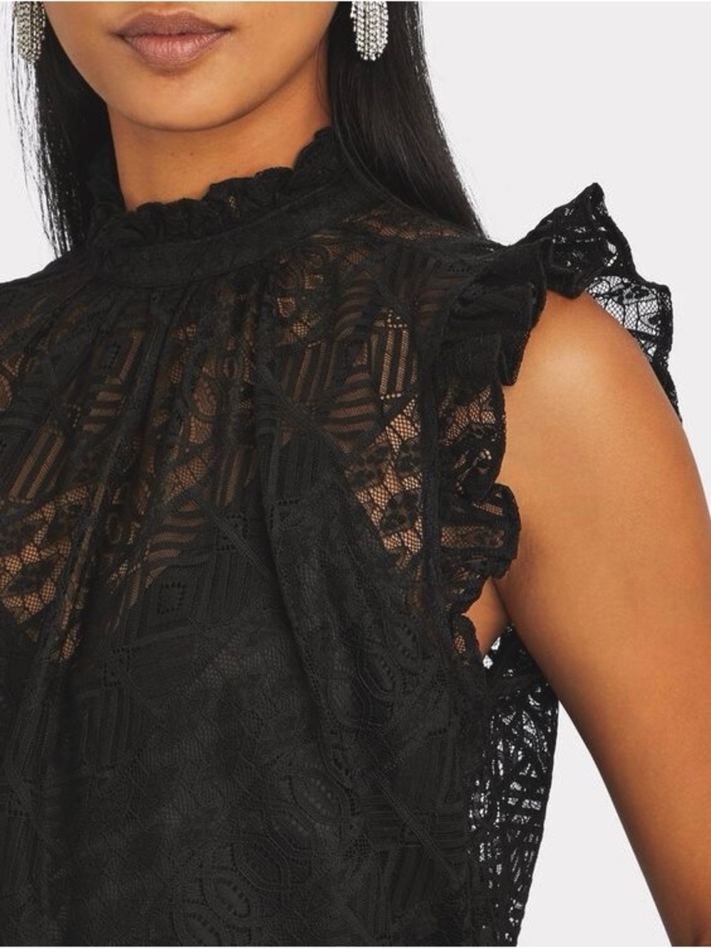 FRAME Mock Neck Geo Lace Sheer Ruffle  Sleeve Button Back Blouse - Size Medium - Picture 3 of 12